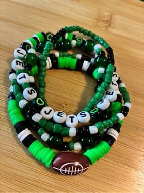 Green Black White Beaded Stretch Bracelet Set with Football Accent